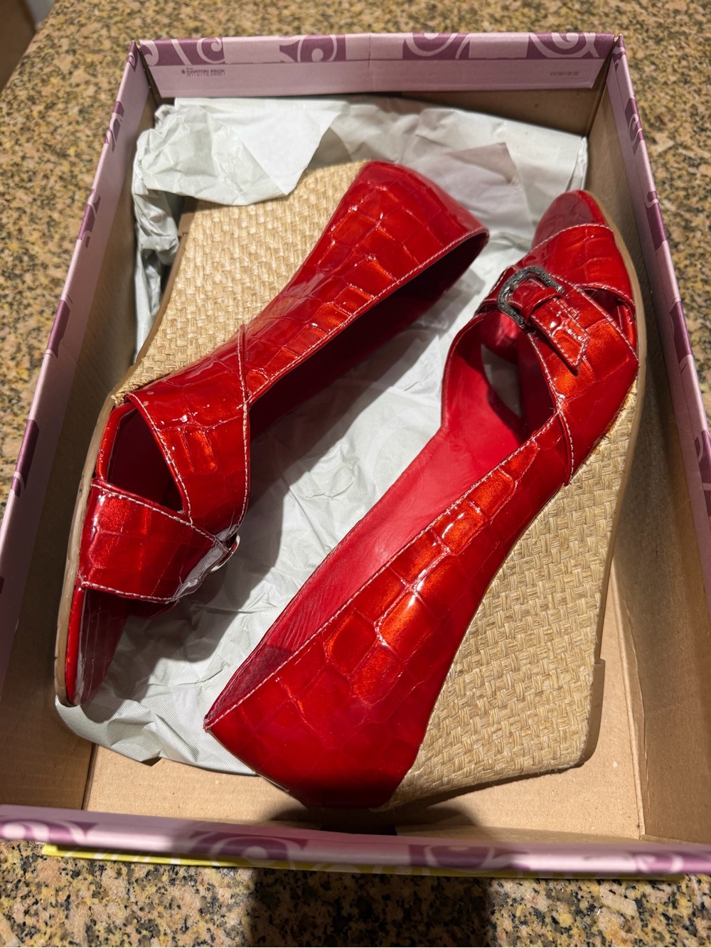 Brighton Riva Candy Apple Red Patent CrocWedge Peep-Toe Sandals/Shoe SZ 10 Women